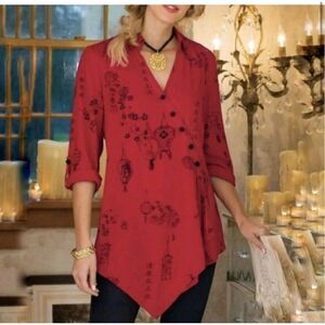 Soft Surroundings Red Pagoda Asian Wrap Button Tunic sz M